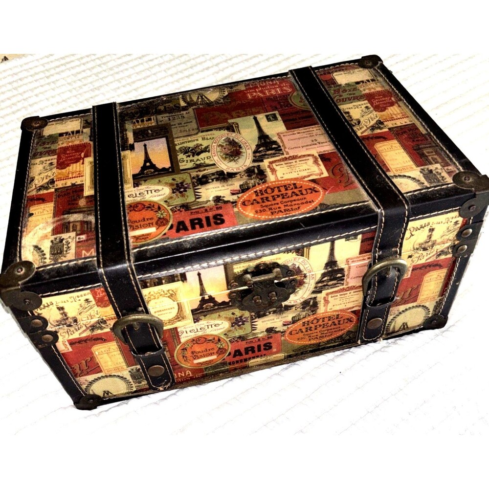 Paris Themed Storage Chest With Leather Straps